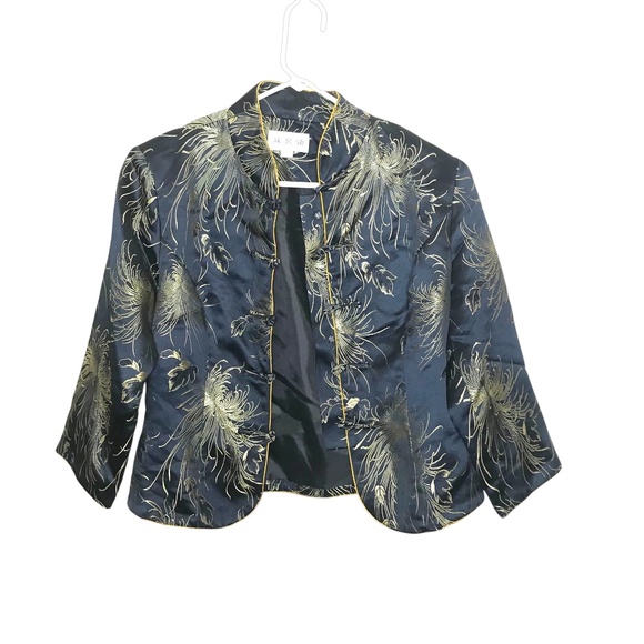 Vintage Oriental Satin Embroidered Jacket – Navy Gold Floral - Picture 2 of 7
